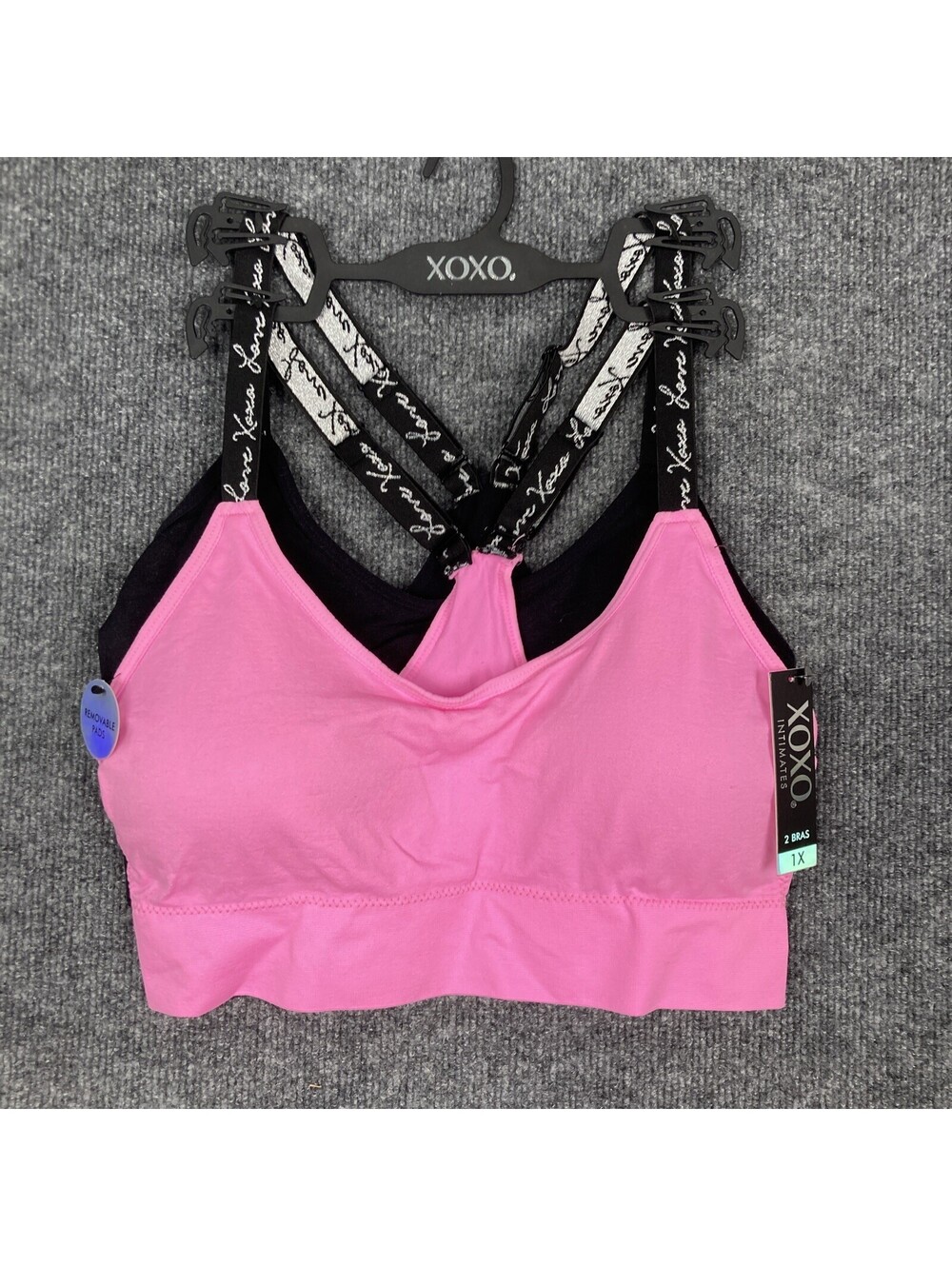 XOXO Womens Size 1X Pink & Black Adjustable Strap Racerback Bras Set of 2 NWT